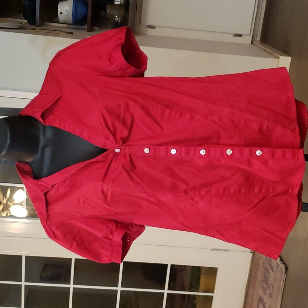 LOFT Cherry Red capsleeve button up blouse, Size L